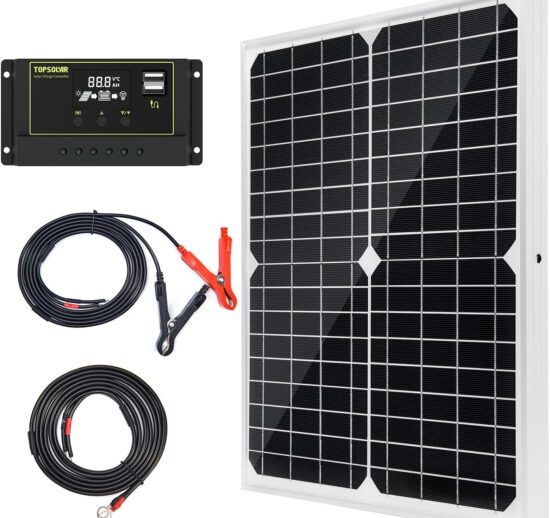Topsolar Solar Panel Kit 20W 12V Monocrystalline with 10A Solar Charge Controller + Extension Cable with Battery Clips O-Ring Terminal for RV Marine